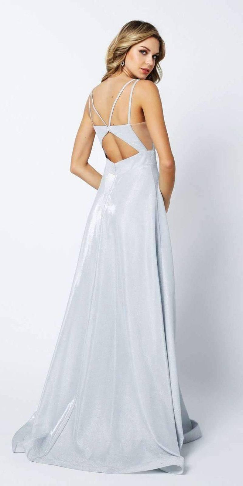 Cut-Out Strappy Back Glitter Long Prom Dress Silver