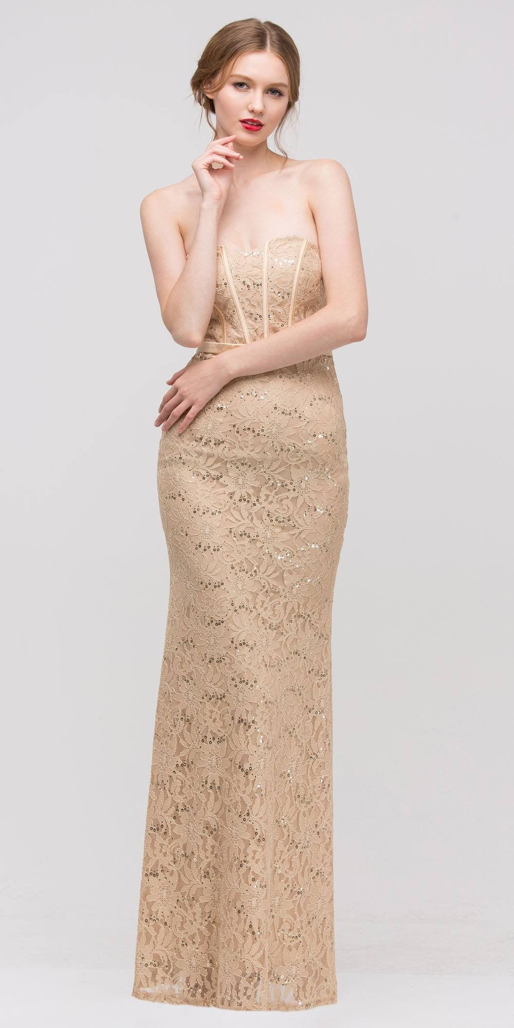 Charming Long Lace Gown Gold Sheath Mermaid Flare Strapless