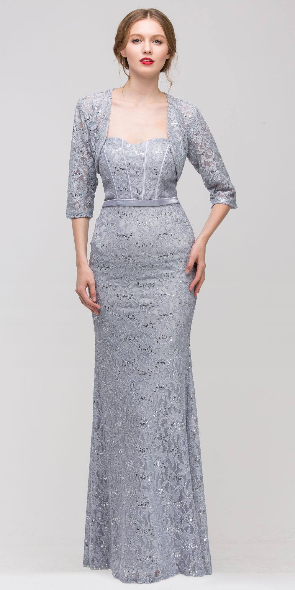 Long Lace Gown Silver Sheath Mermaid Flare Strapless Mid Sleeve Jacket