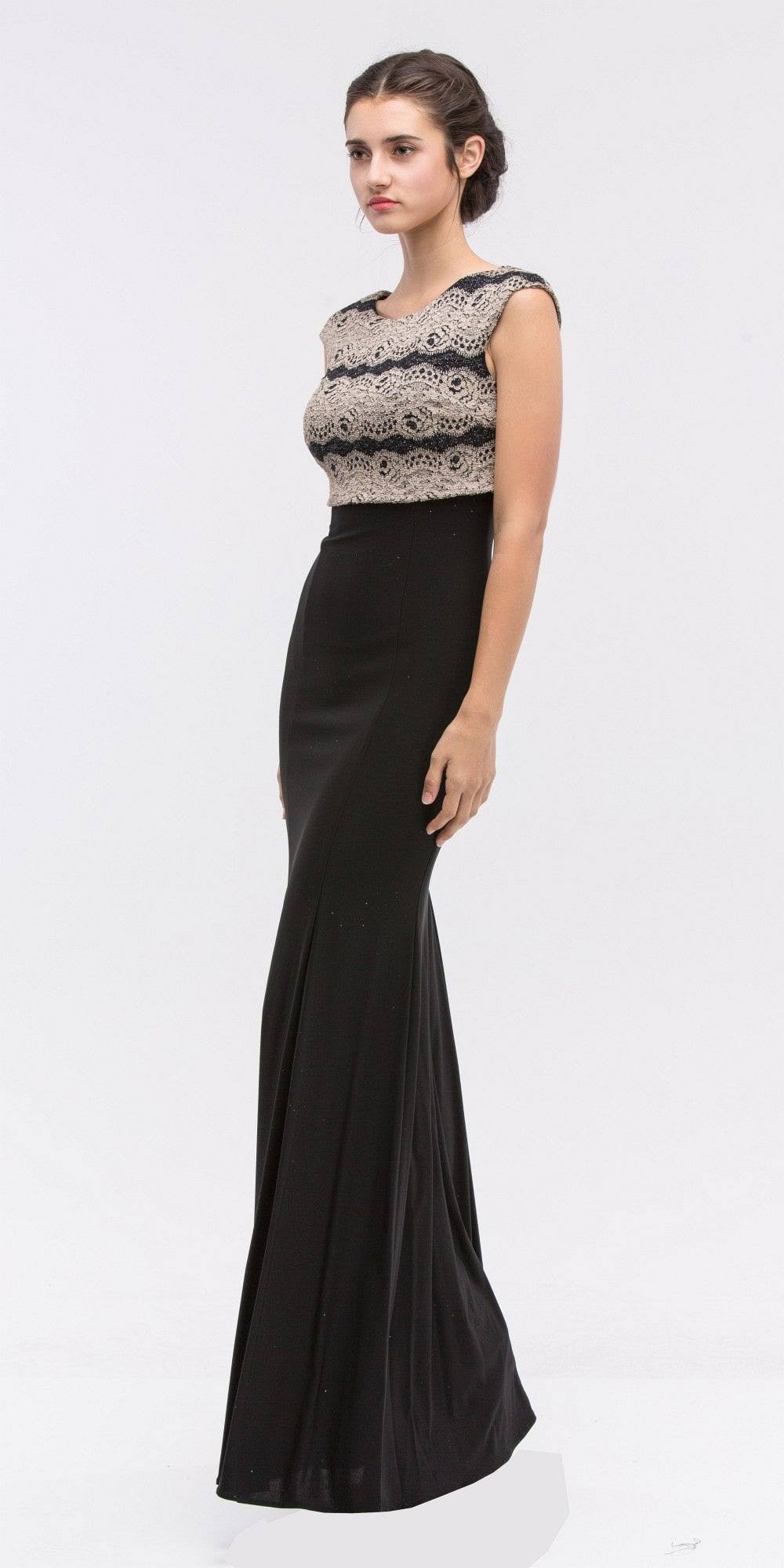 Sleeveless Black Jersey Fitted Prom Gown with Gold Lace Bodice 