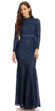 Long Sleeve Lace Full Length Dress Navy Blue Mock 2 Piece High Neck