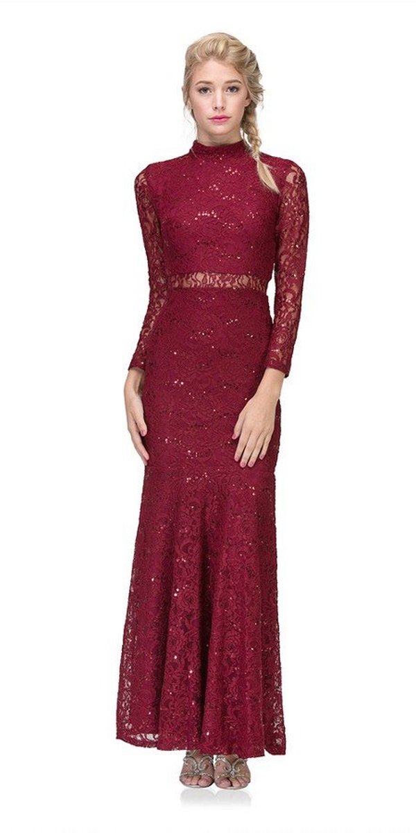 Eureka Fashion 2095 Long Sleeve Lace Full Length Dress Burgundy Mock 2 Piece High Neck