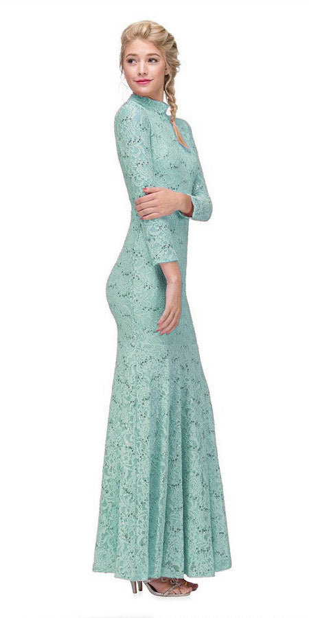 Eureka Fashion 2095 Long Sleeve Lace Full Length Dress Mint Mock 2 Piece High Neck