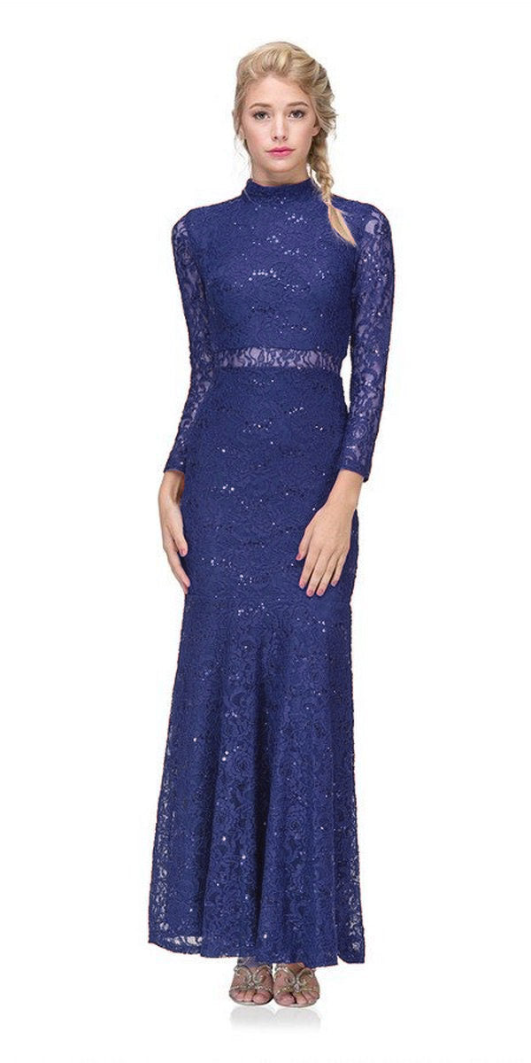 Eureka Fashion 2095 Long Sleeve Lace Full Length Dress Royal Blue Mock 2 Piece High Neck