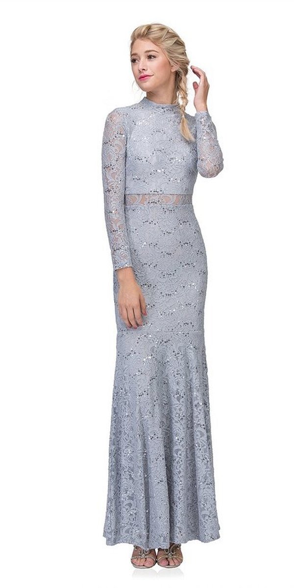 Eureka Fashion 2095 Long Sleeve Lace Full Length Dress Silver Mock 2 Piece High Neck