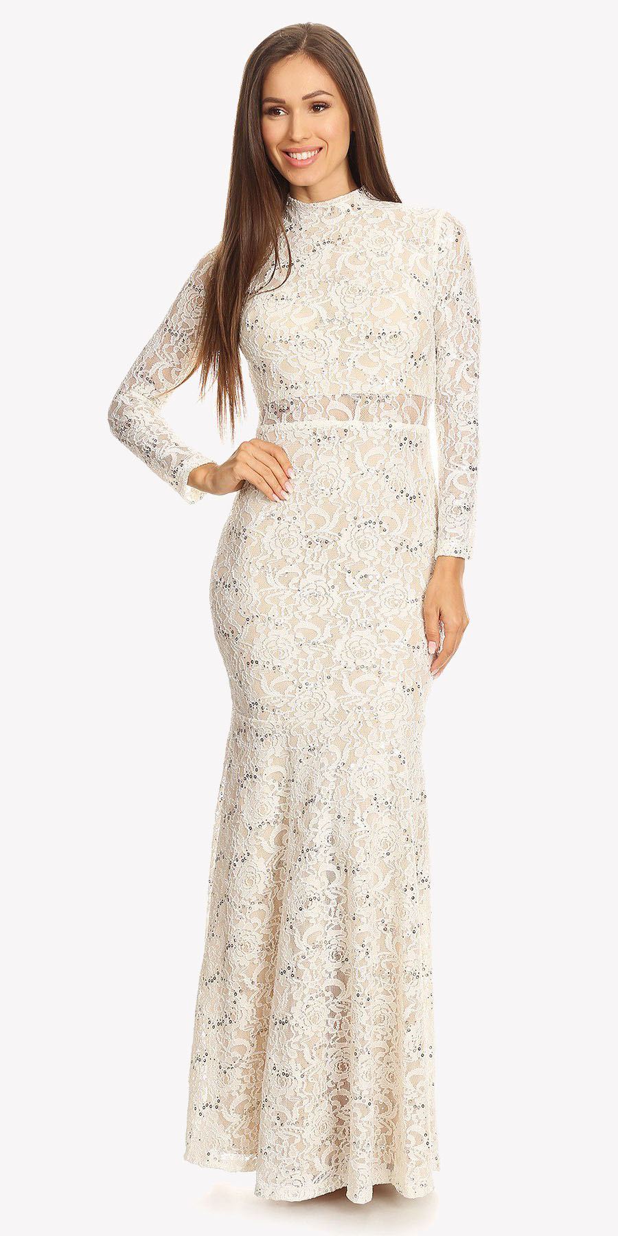 Long Sleeve Lace Full Length Dress Ivory/Gold Mock 2 Piece High Neck