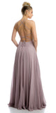 Mocha Long Beaded Prom Dress with Strappy-Open-Back