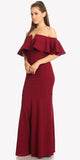 Long Formal Burgundy Dress Off Shoulder with V-Notch Ruffled Bodice