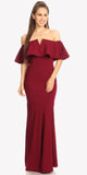 Long Formal Burgundy Dress Off Shoulder with V-Notch Ruffled Bodice