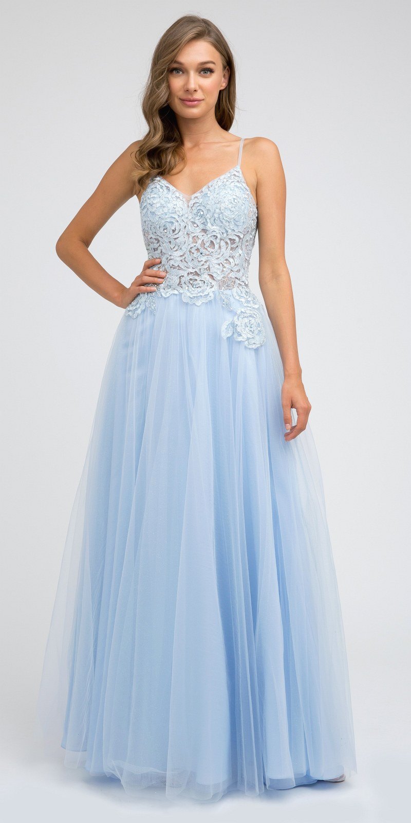 Juliet 212 Appliqued Long Prom Dress A-Line Spaghetti Straps Ice Blue