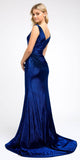 Juliet 218 Floor Length Faux-Wrap Mermaid Navy Blue Long Prom Dress Slit