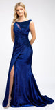 Juliet 218 Floor Length Faux-Wrap Mermaid Navy Blue Long Prom Dress Slit