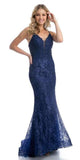 Navy Blue Lace Mermaid Long Formal Dress V-Neck