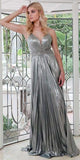 Metallic Pleated Long Formal Dress Lace-Up Back Charcoal