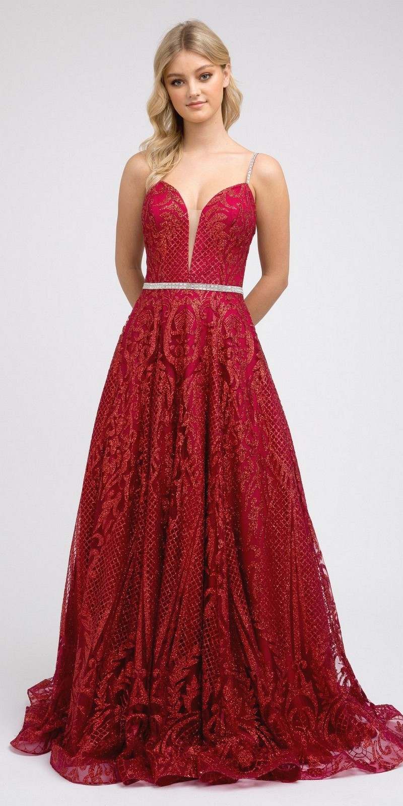 Glitter Long Prom Dress with Spaghetti Straps Burgundy