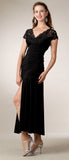 Dinner Party Black Tea Length Dress ITY Stretch Lace V Neck Open Slit