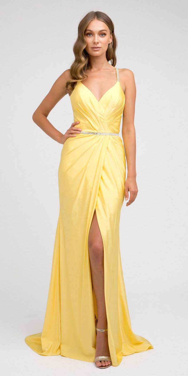 Yellow Long Prom Dress with Strappy-Back and Train
