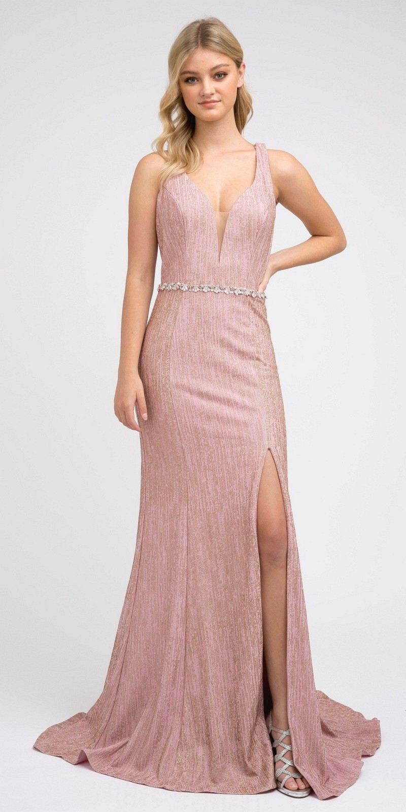 Strappy-Back Long Prom Dress with Slit Rose Gold