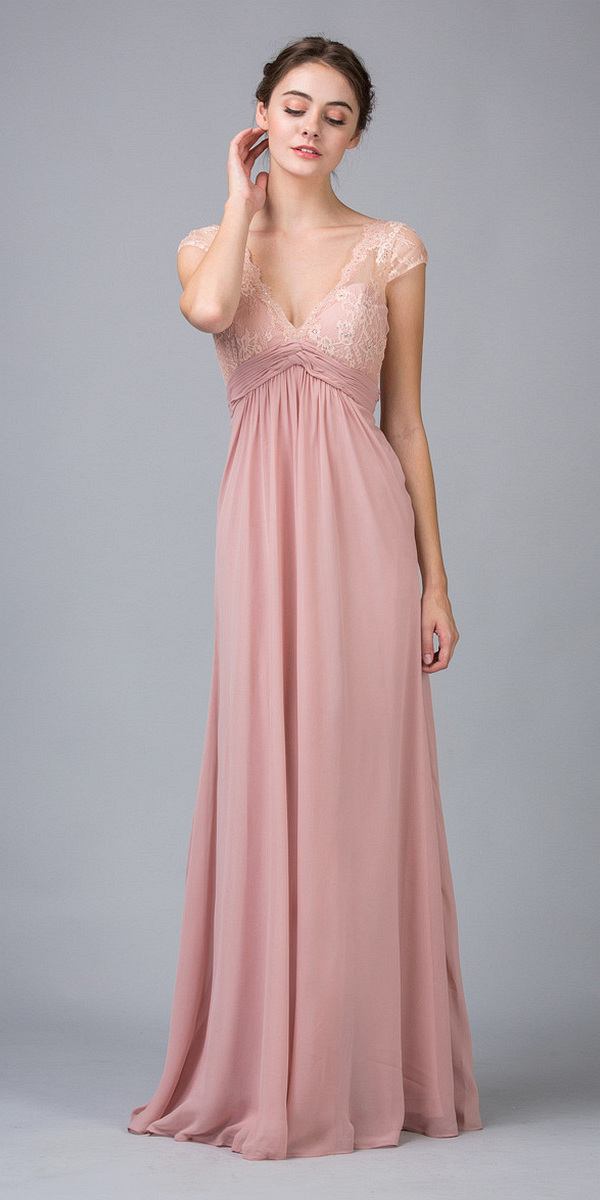 Eureka Fashion 2383 Plunging V Neck Long Chiffon A Line Dusty Rose Evening Dress