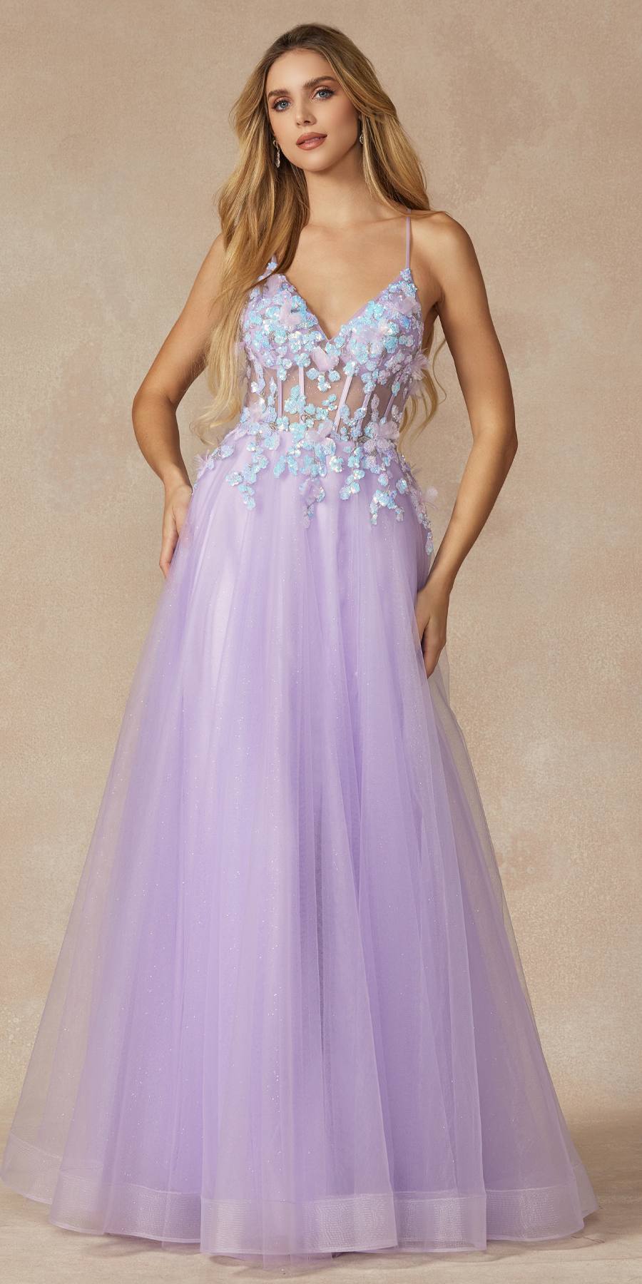 Juliet 2401 Floor Length A-Line Tulle Gown with Detachable Puff Sleeves