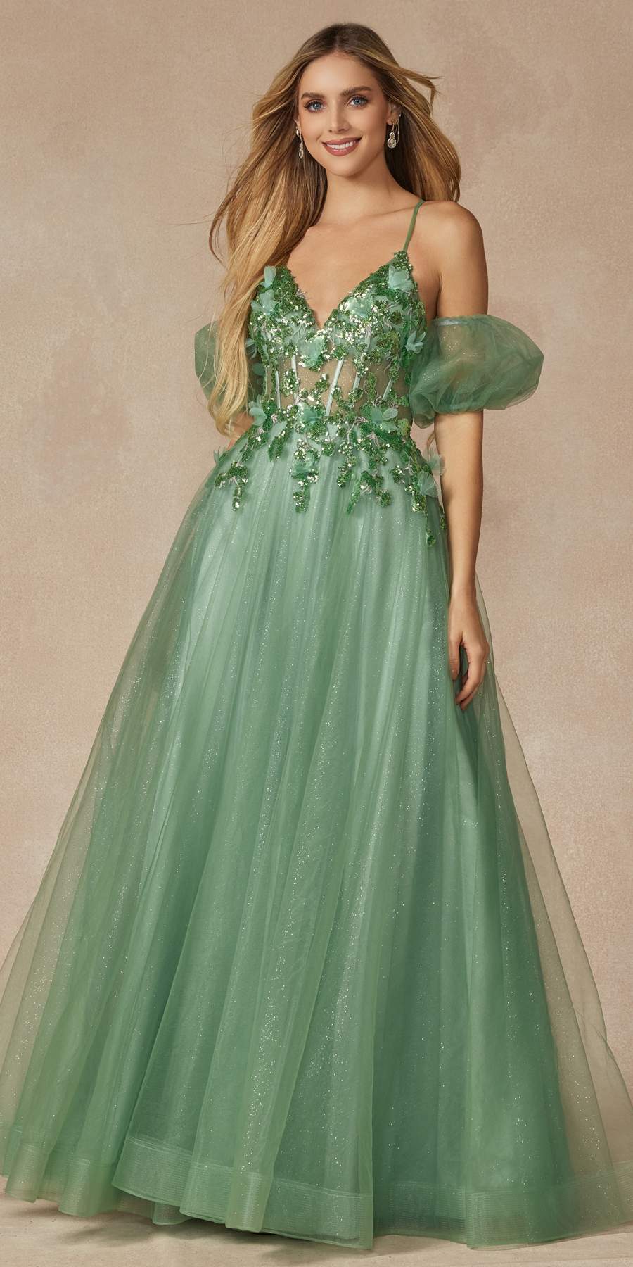 Juliet 2401 Floor Length A-Line Tulle Gown with Detachable Puff Sleeves