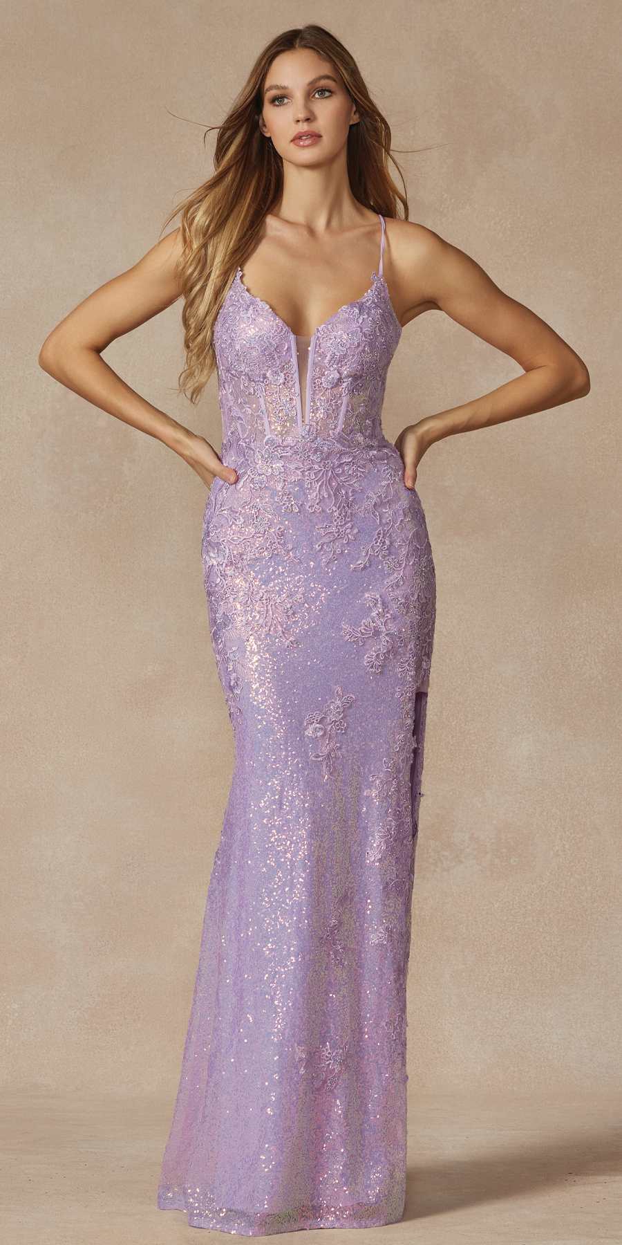Juliet 2405 Machine Sequin Lace Embellishments High Slit Prom Gown
