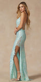 Juliet 2405 Machine Sequin Lace Embellishments High Slit Prom Gown
