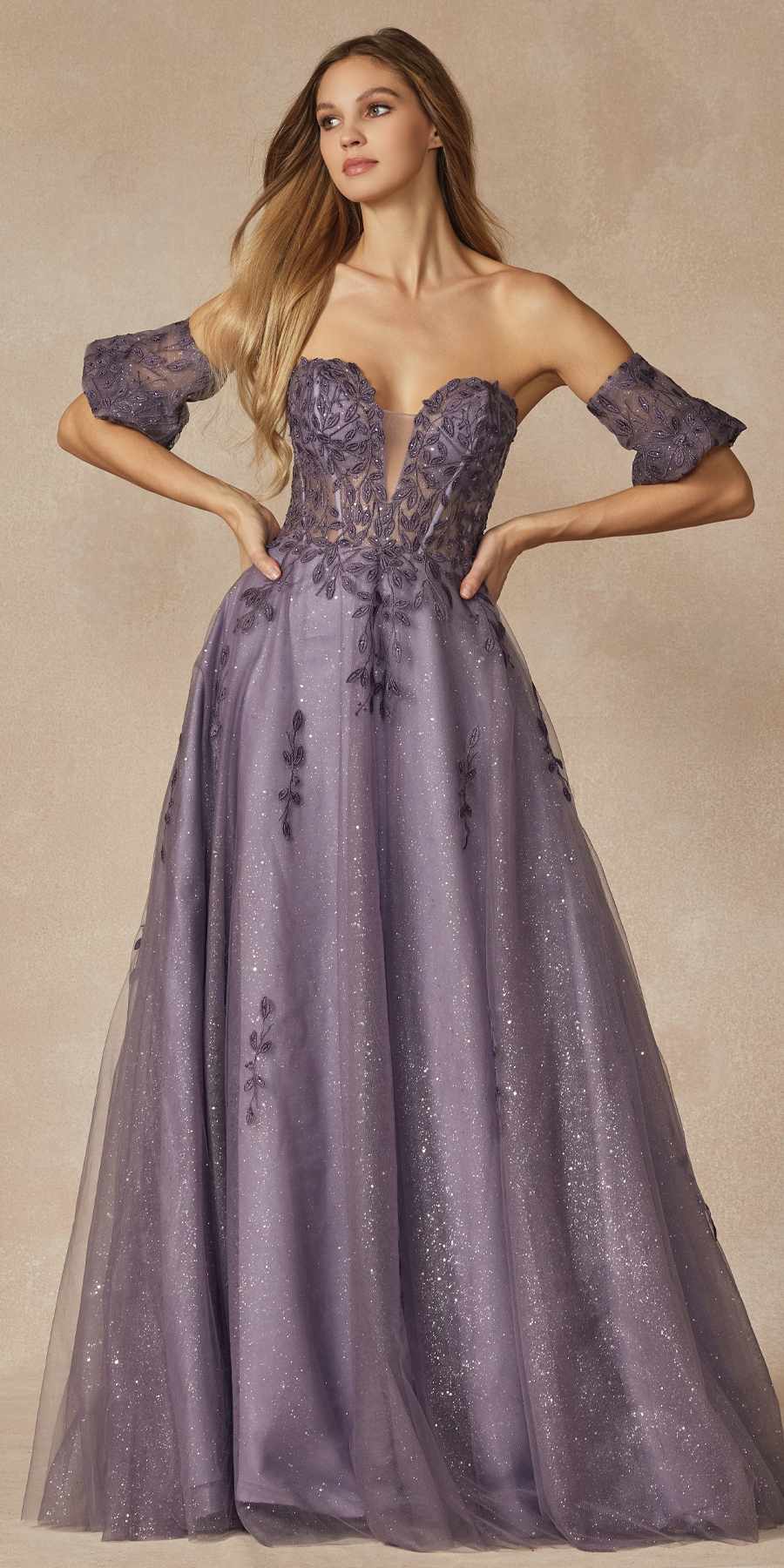 Juliet 2409 Floor Length A-Line Leaf Embroidered Gown Detachable Sleeves