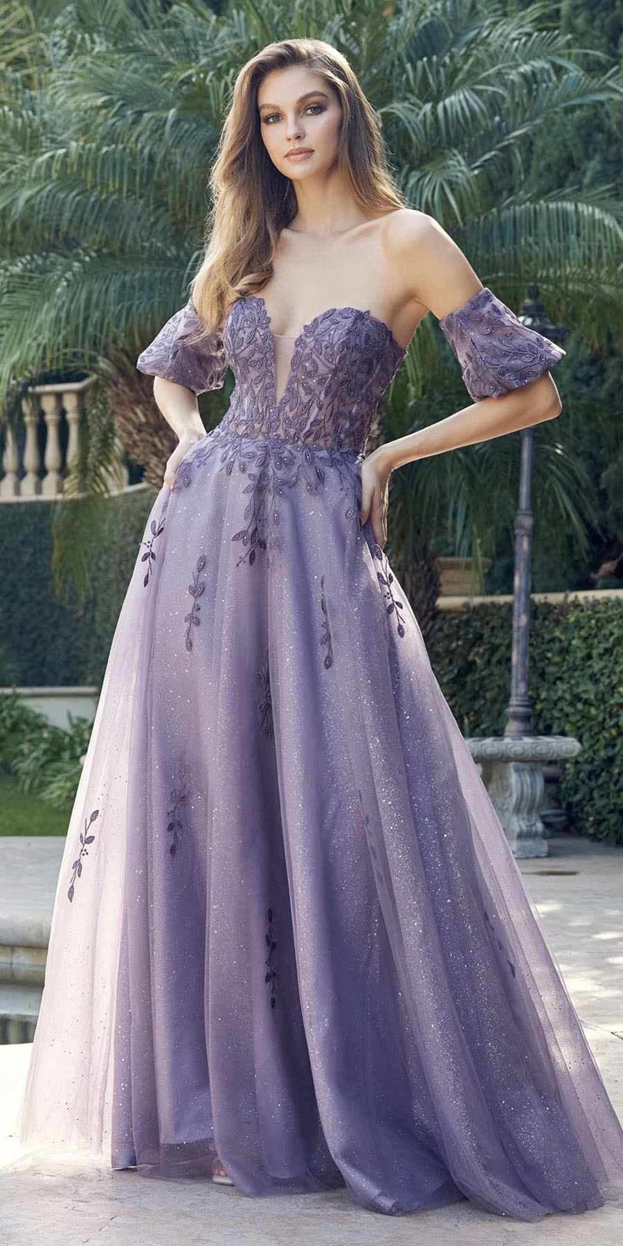 Juliet 2409 Floor Length A-Line Leaf Embroidered Gown Detachable Sleeves
