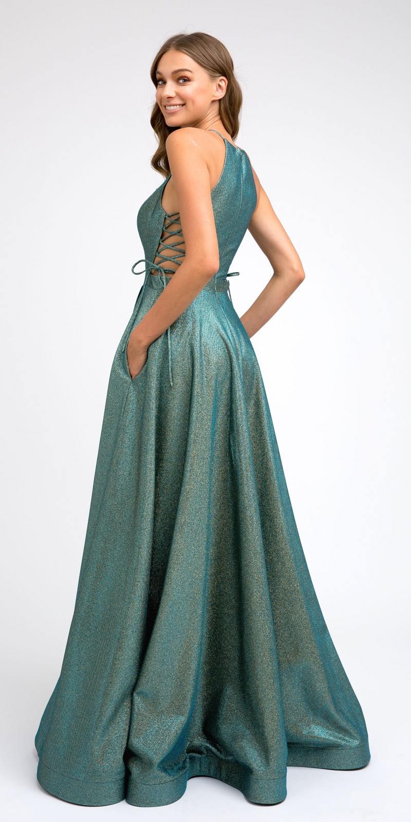 Side Lace-Up Long Metallic Peacock Prom Dress