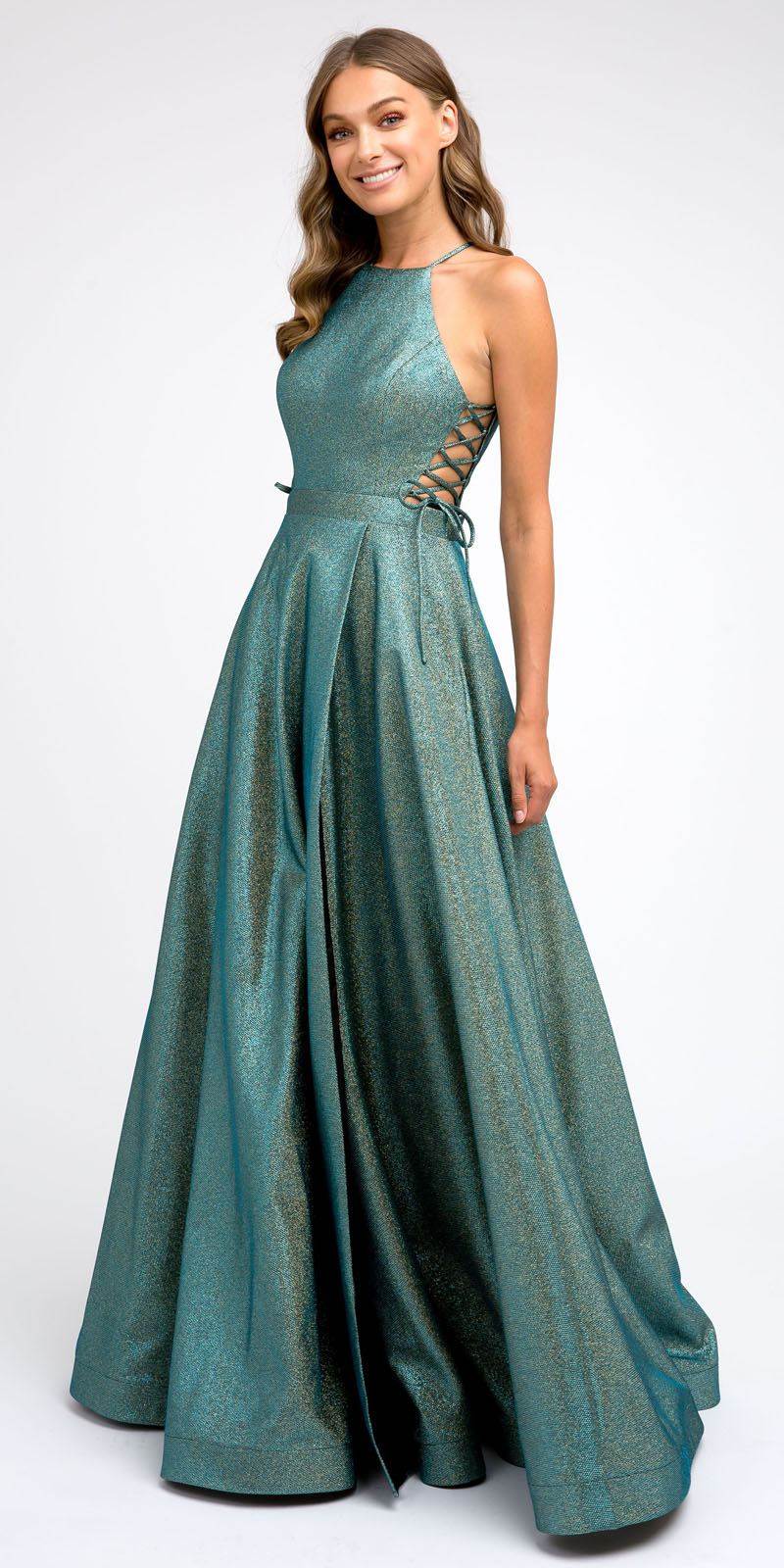 Side Lace-Up Long Metallic Peacock Prom Dress