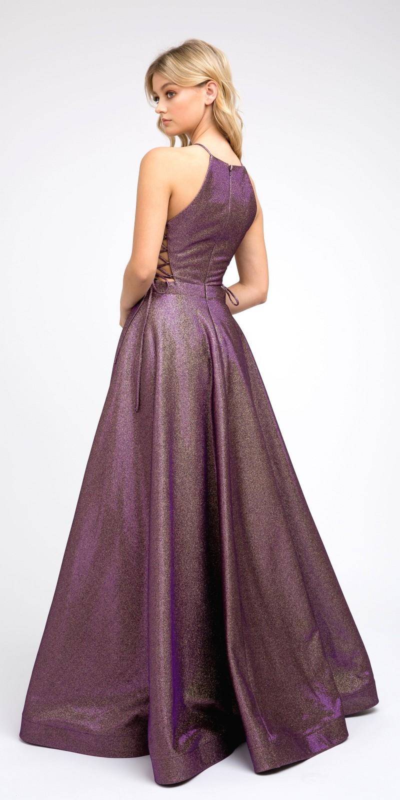 Side Lace-Up Long Metallic Purple Prom Dress