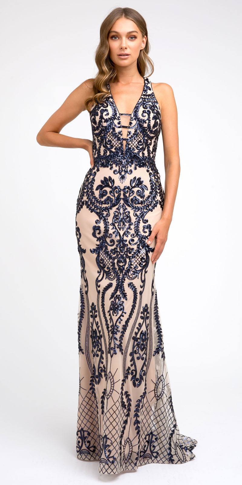Navy Blue Sequins Long Prom Dress Cut-Out Back