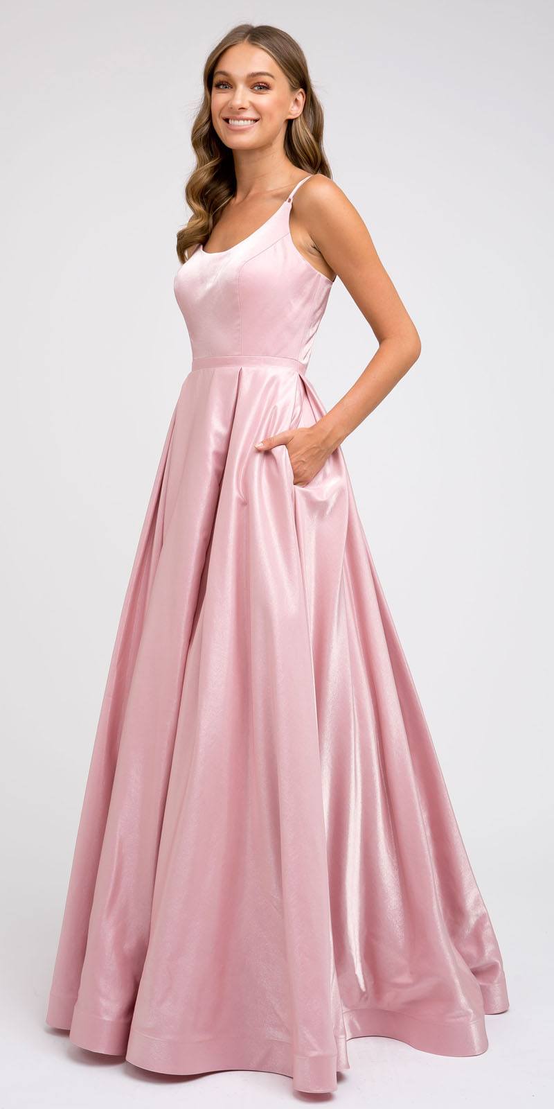 Strappy-Back Mauve Long Prom Dress with Pockets