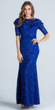 Royal Blue Illusion Ruffled Neckline Long Formal Dress Short Sleeves