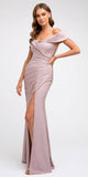 Off-Shoulder Fit and Flare Long Prom Dress Mauve with Slit