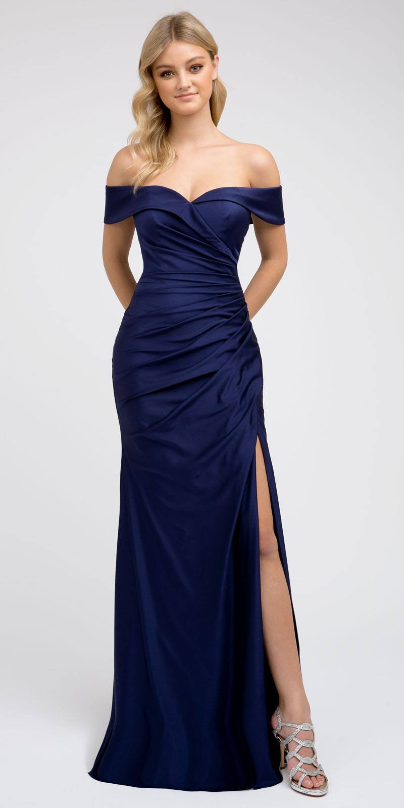 Off-Shoulder Fit and Flare Long Prom Dress Navy Blue with Slit