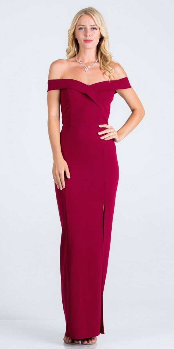 Burgundy Off-the-Shoulder Long Formal Dress with Slit
