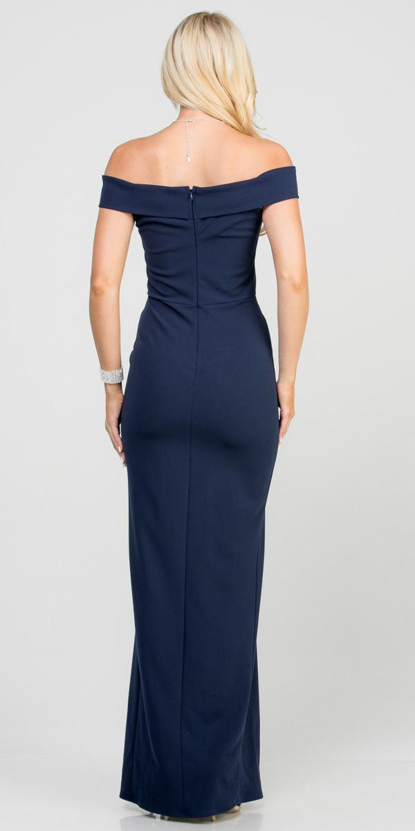 La Scala 25078 Navy Blue Off-the-Shoulder Long Formal Dress with Slit