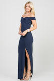 La Scala 25078 Navy Blue Off-the-Shoulder Long Formal Dress with Slit