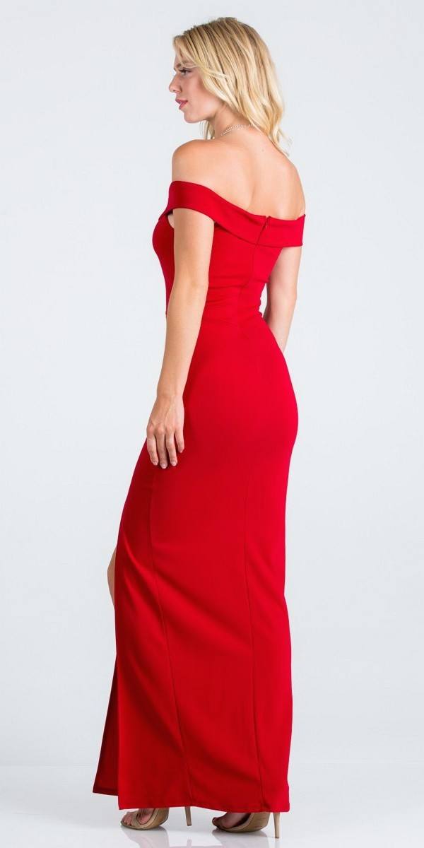 Red Off-the-Shoulder Long Formal Dress with Slit