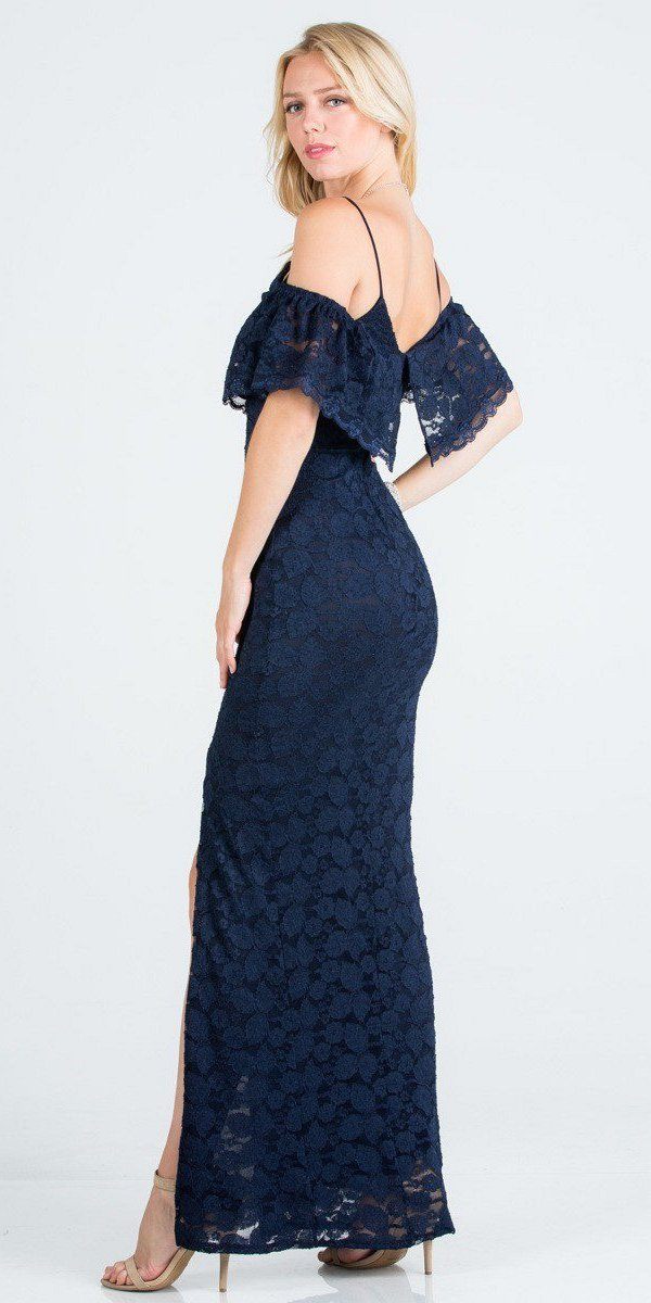 Ruffled Cold-Shoulder Long Formal Dress with Slit Navy Blue