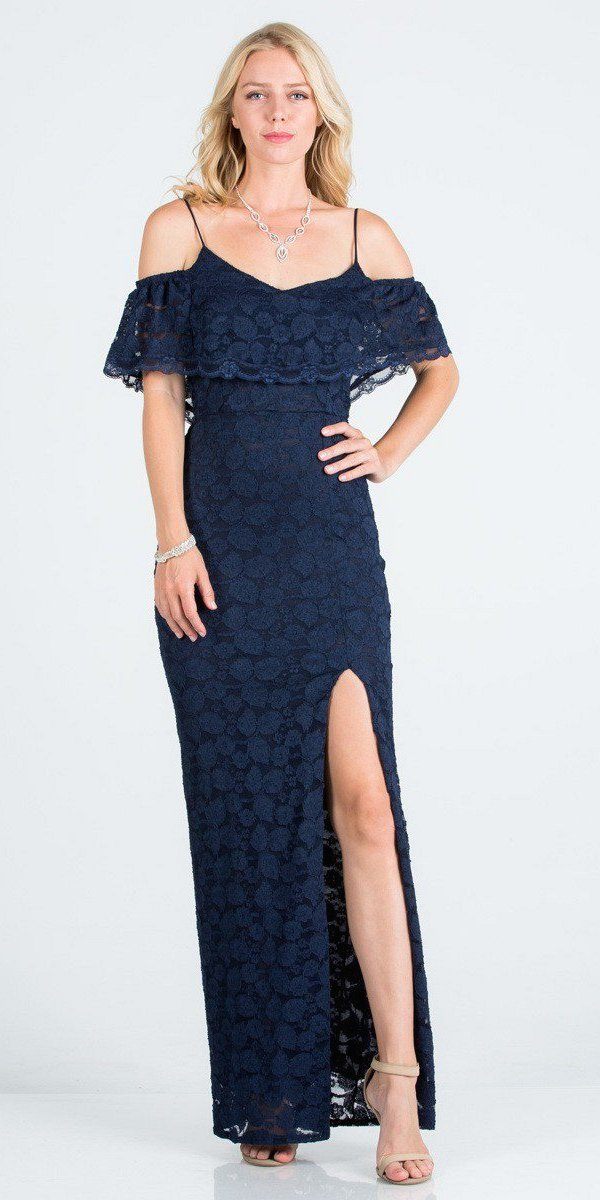 Ruffled Cold-Shoulder Long Formal Dress with Slit Navy Blue