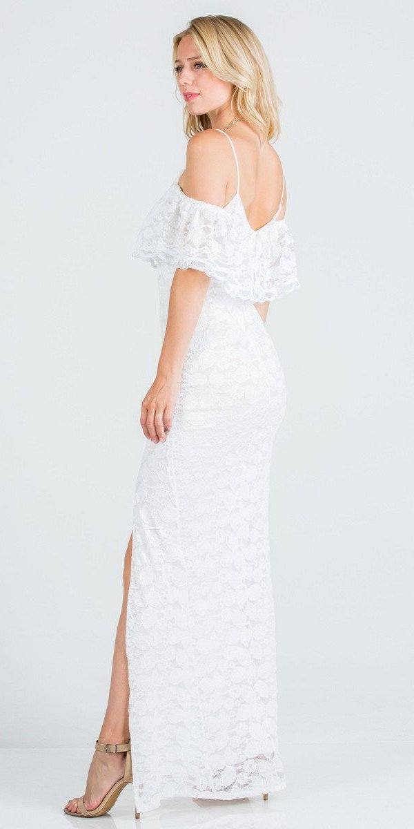 Ruffled Cold-Shoulder Long Formal Dress with Slit Off White