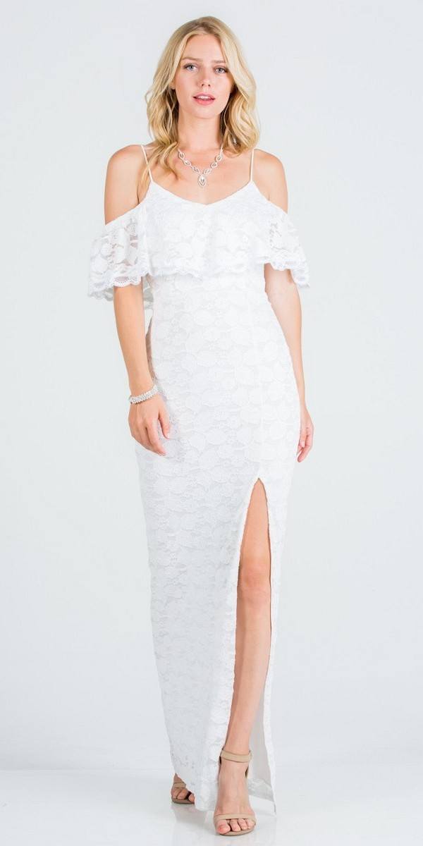 Ruffled Cold-Shoulder Long Formal Dress with Slit Off White