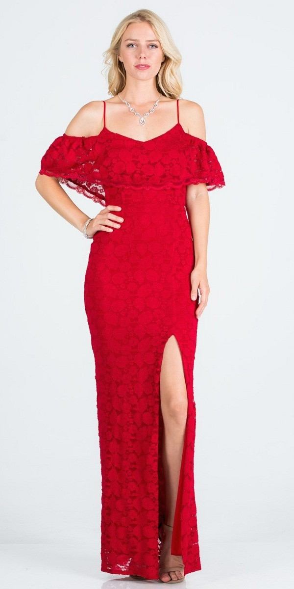 Ruffled Cold-Shoulder Long Formal Dress with Slit Red