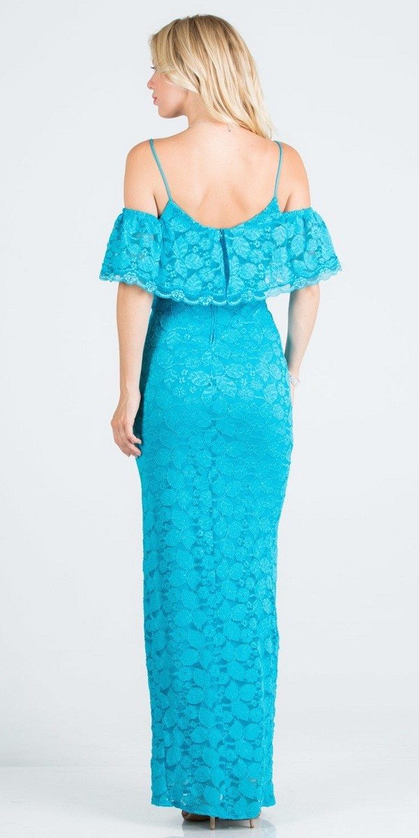 Ruffled Cold-Shoulder Long Formal Dress with Slit Turquoise