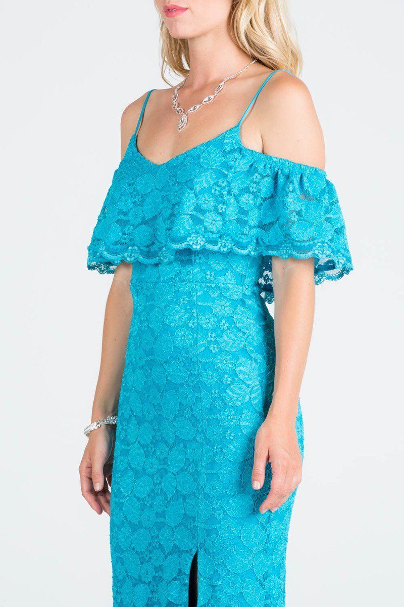 Ruffled Cold-Shoulder Long Formal Dress with Slit Turquoise