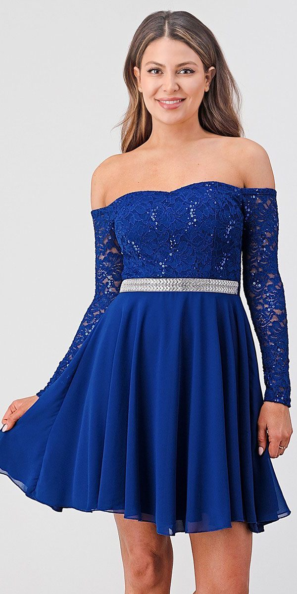 La Scala 25406 Off-Shoulder Long Sleeved Short Cocktail Dress Royal Blue