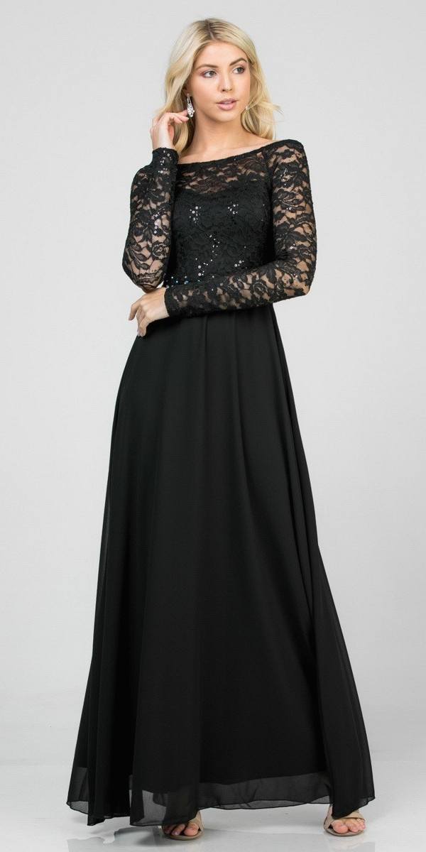 Long Sleeved Lace Bodice A-Line Long Formal Dress Black